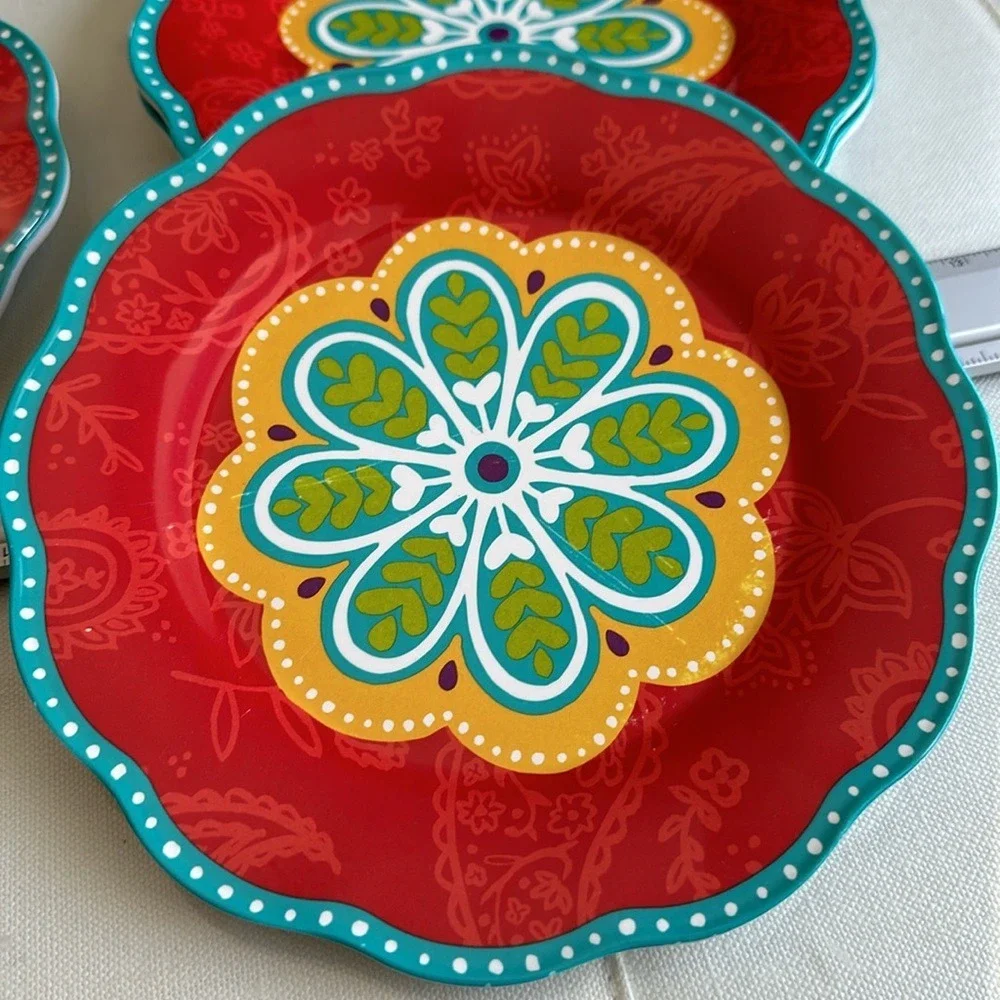 7 pc set Pier One Imports Melamine Dinner Plates Salad Sunny Bright Paisley‎ GUC